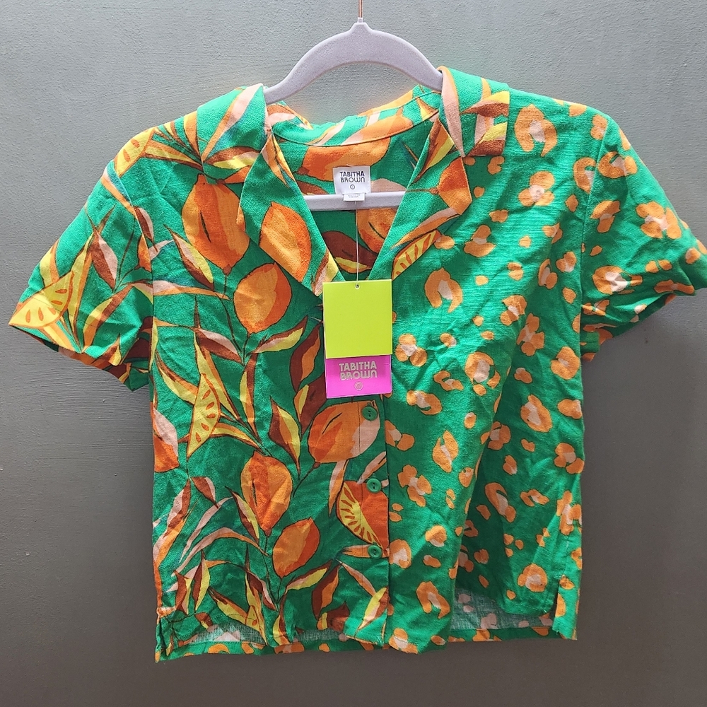 Tabitha Brown Leopard Orange Print Linen Blend Collared Shirt - Picture 2 of 5